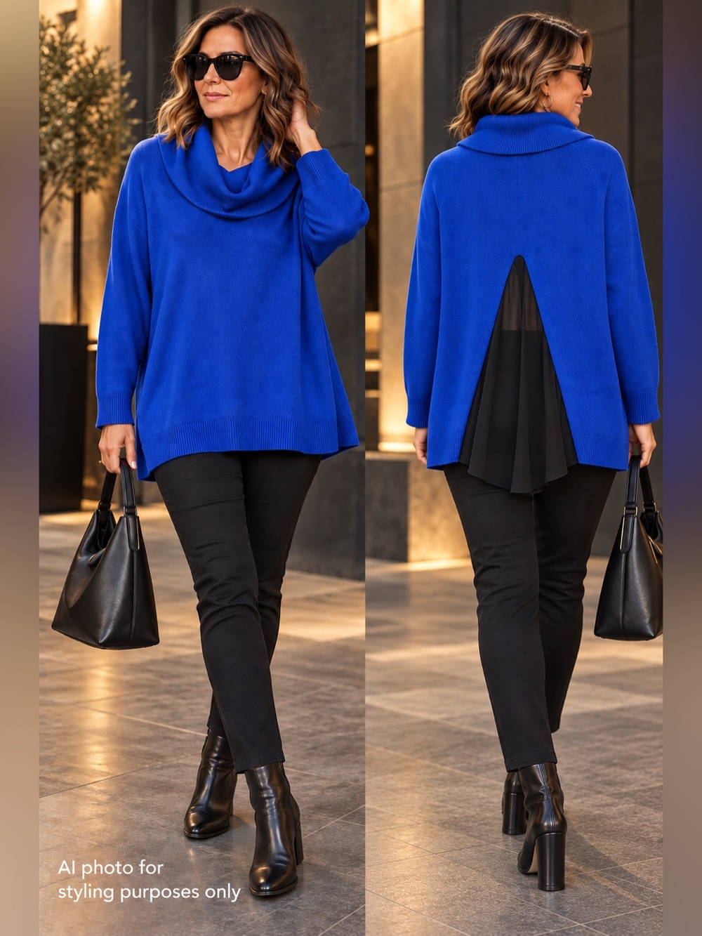 Bianca Nygard Royal Blue Cowl Neck w/ chiffon insert in back -SZ 2X
